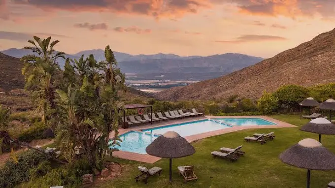 Swimming pool overlooking the Cederberg mountains at Piekenierskloof Lodge in the Western Cape, South Africa.